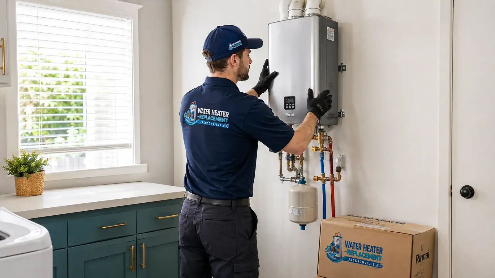 Technician mounting a tankless water heater on a laundry room wall in a Jacksonville home