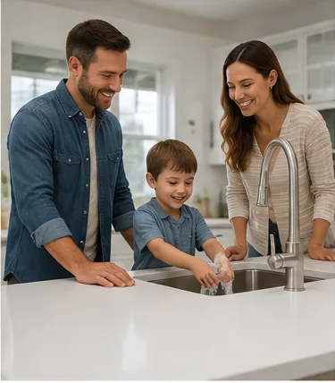 Family using hot water in a Jacksonville kitchen while planning water heater size