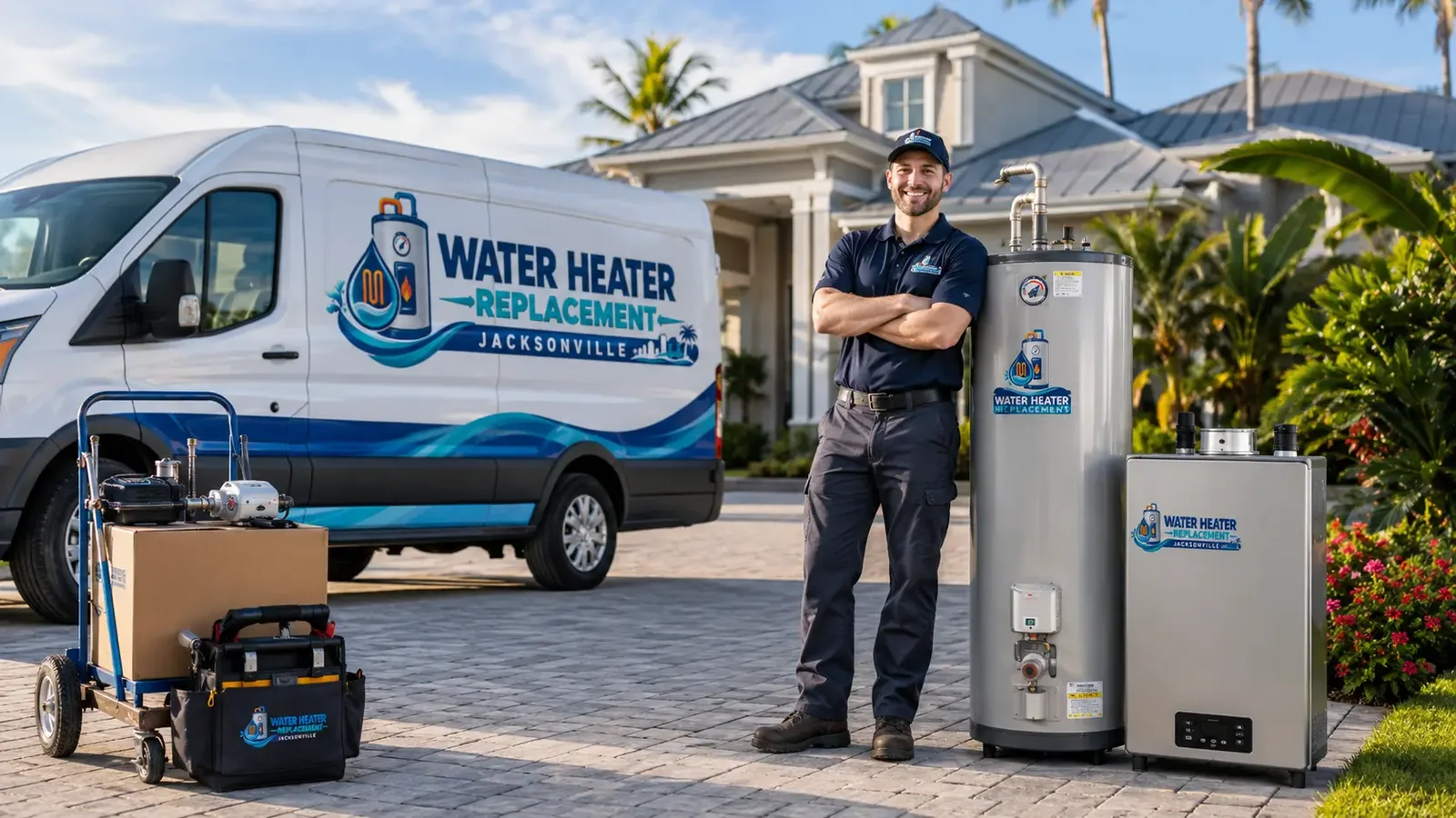 Water heater replacement technician and service van at a Jacksonville home