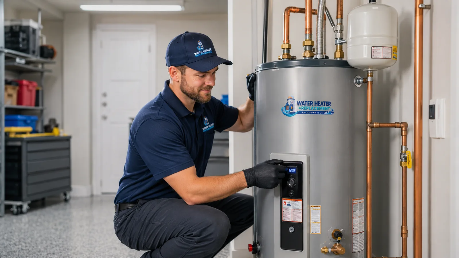 Technician setting the thermostat to 120F on a newly installed electric water heater in Jacksonville