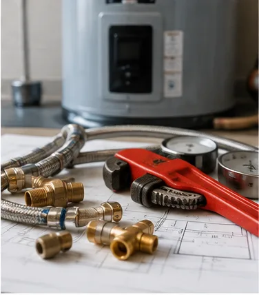 Water heater parts and tools used during replacement work