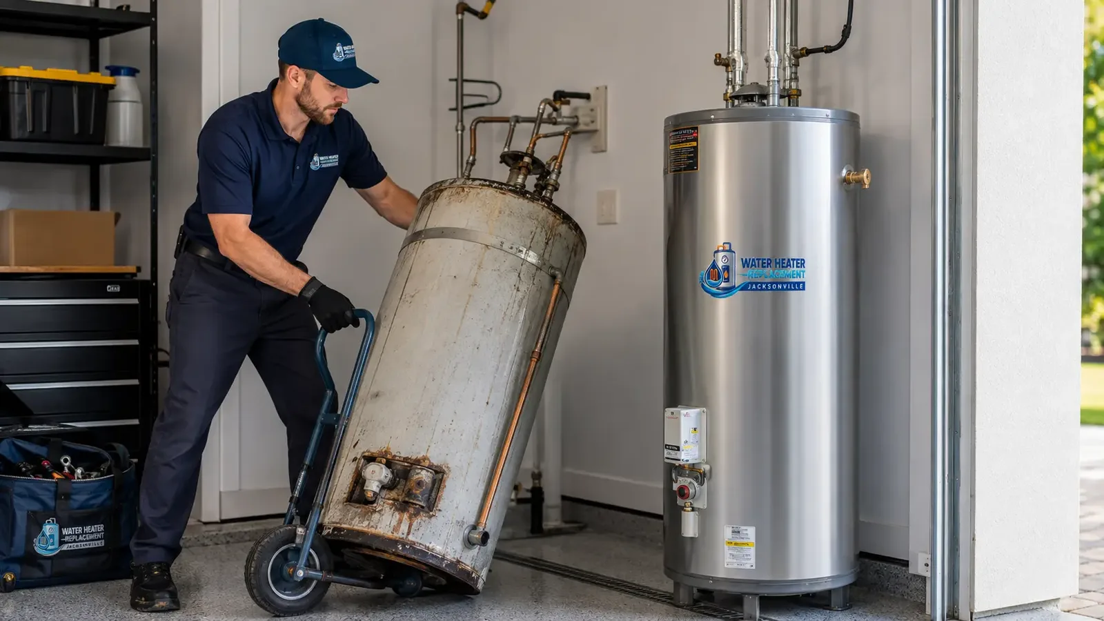 Failed water heater being removed from a Jacksonville garage during an urgent replacement