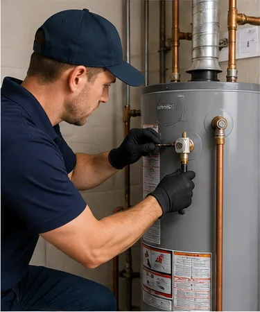 Professional water heater installation in a residential utility space