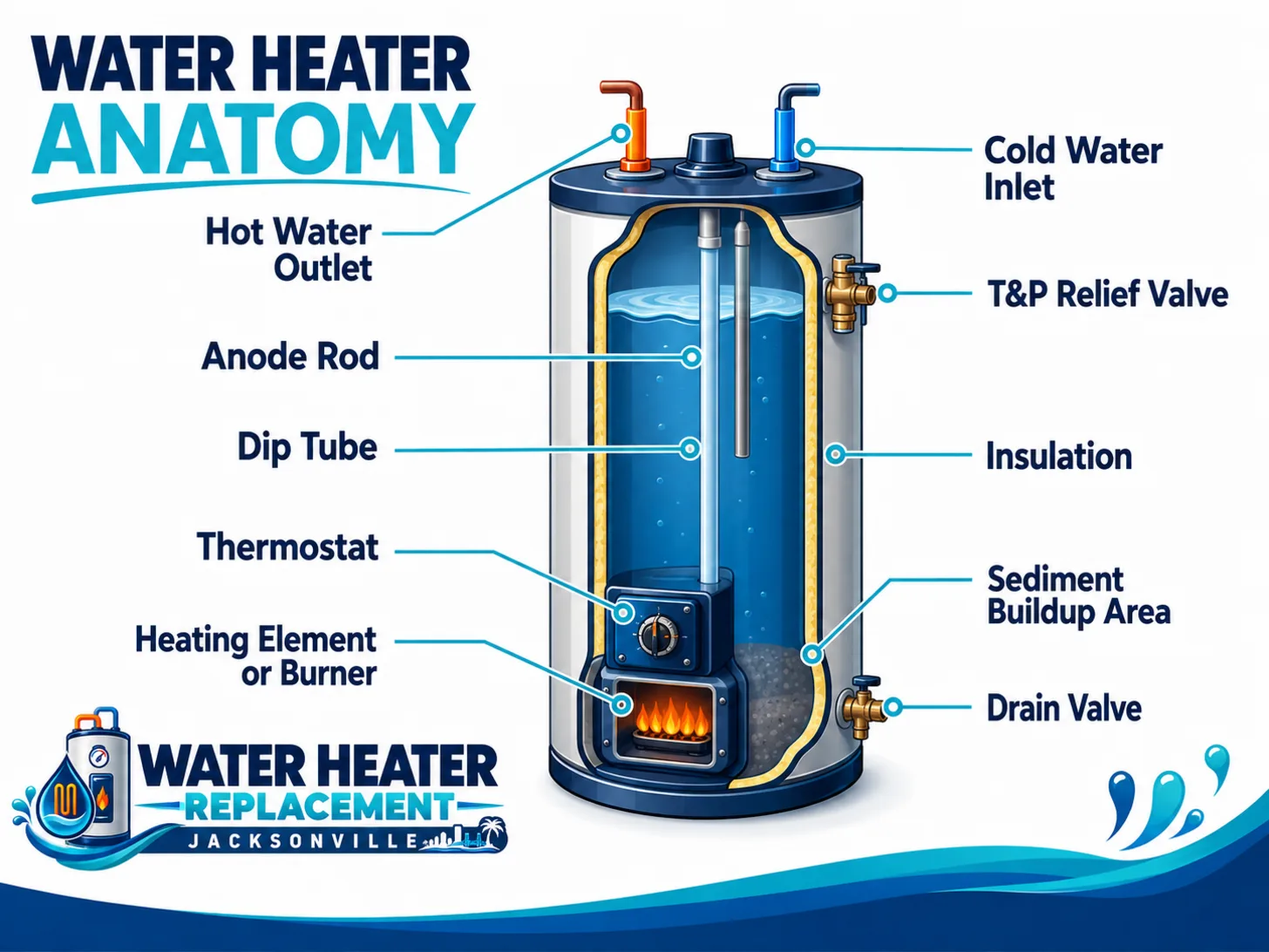 Water heater anatomy diagram labeling the cold water inlet, hot water outlet, anode rod, dip tube, thermostat, heating element or burner, T&P relief valve, insulation, sediment buildup area and drain valve