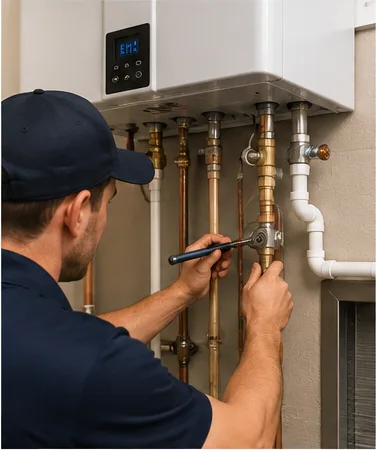 Water heater technician performing service work in a Jacksonville home