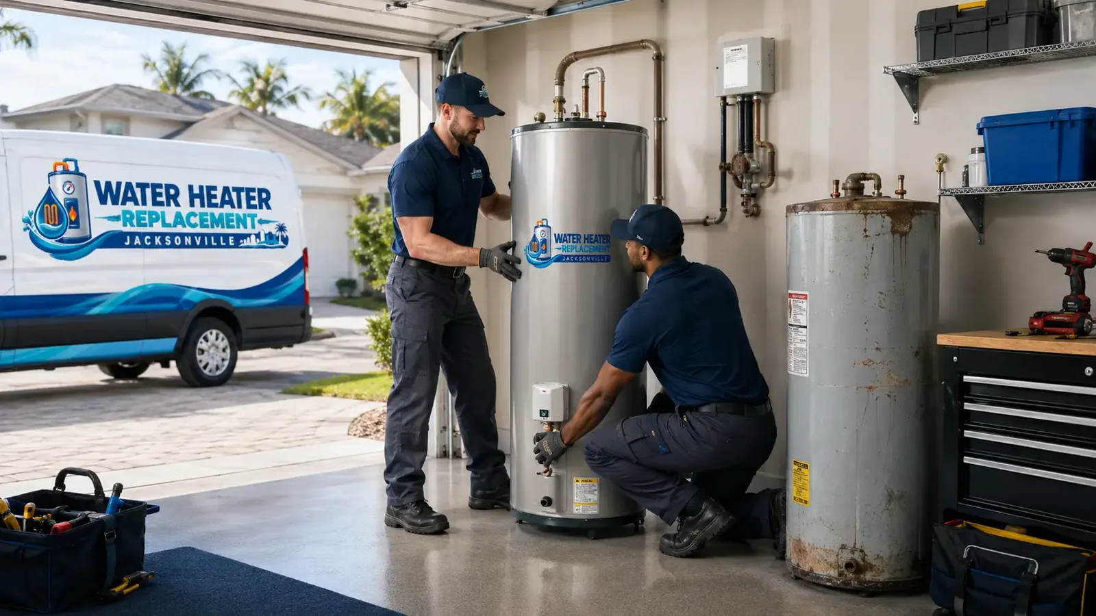 Two Jacksonville technicians setting a new tank water heater beside the old rusted unit in a garage
