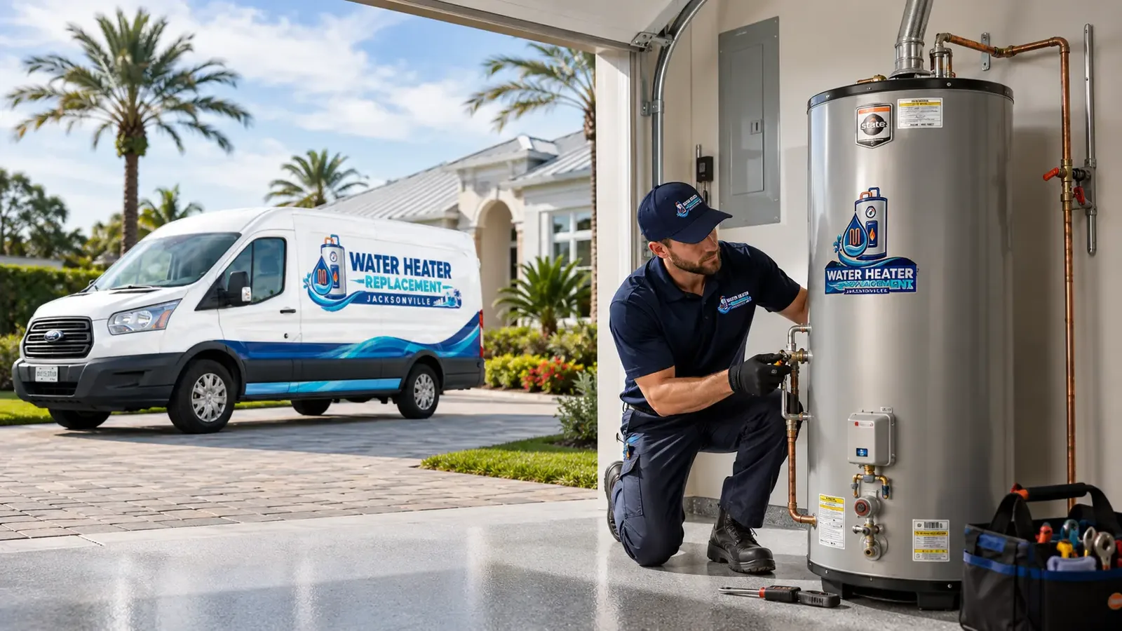 Water Heater Replacement Jacksonville technician connecting the gas line on a new garage water heater