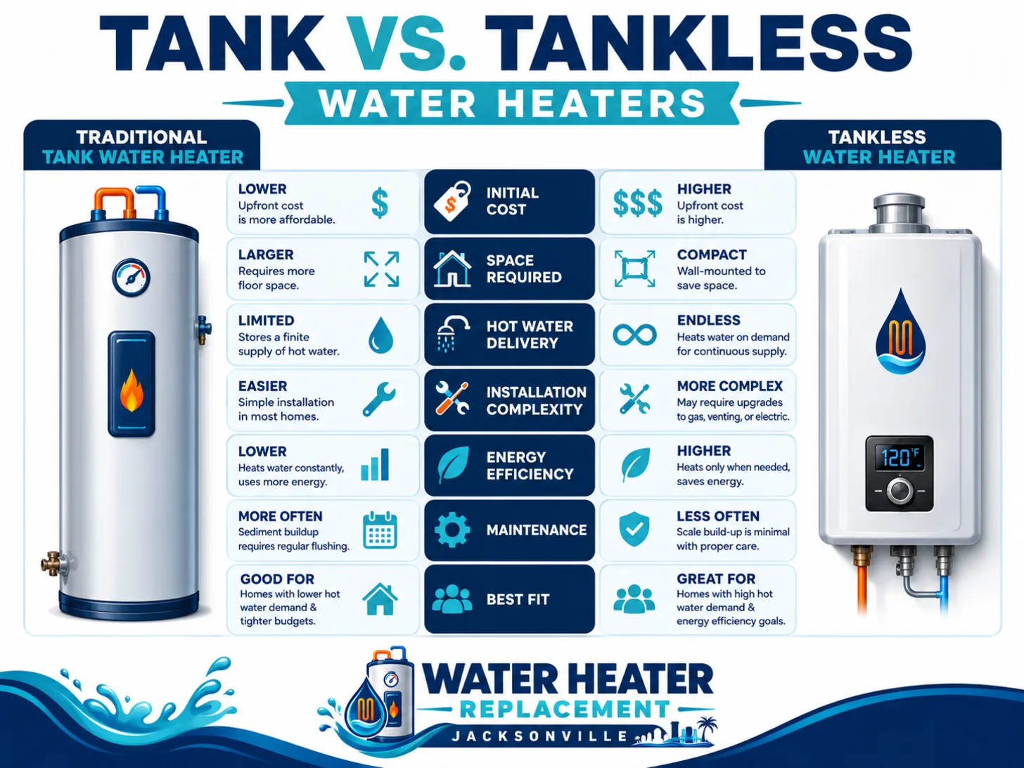 Tank vs tankless water heater comparison infographic covering initial cost, space required, hot water delivery, installation complexity, efficiency, maintenance and best fit