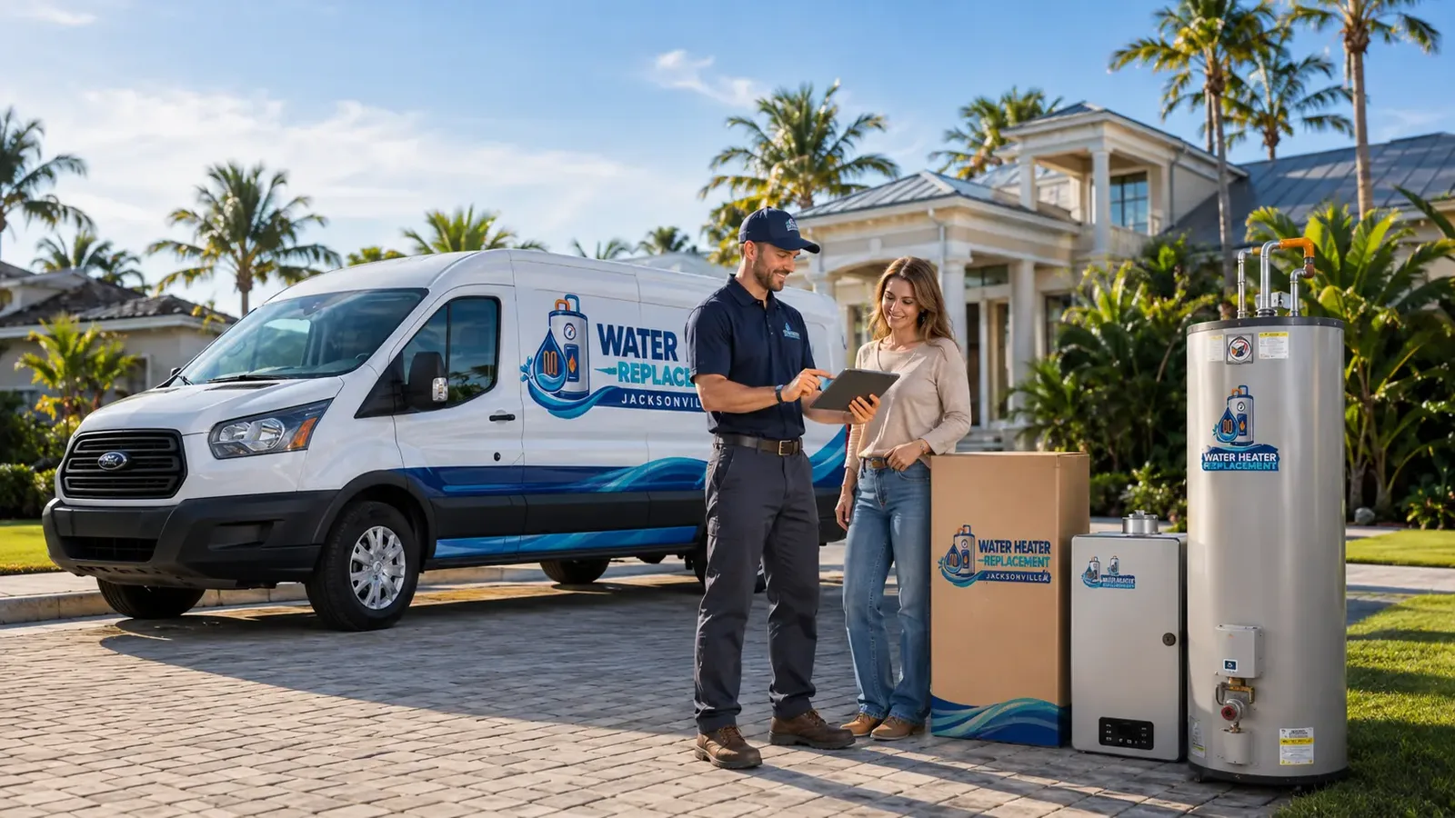 Jacksonville technician reviewing water heater replacement options with a homeowner on a tablet