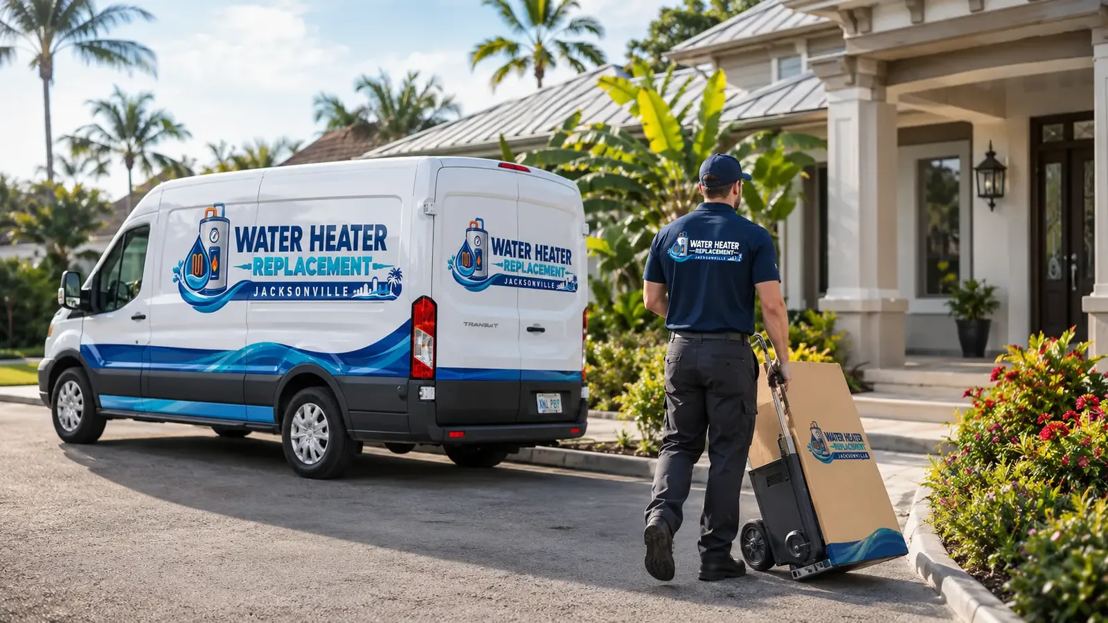 Technician wheeling a new water heater up to a Jacksonville home from a service van